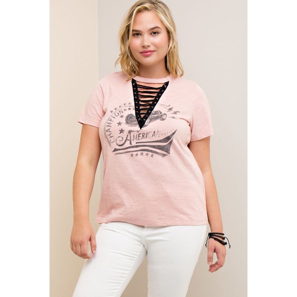 Entro Lace Up Graphic Tee, Blush  Plus Size